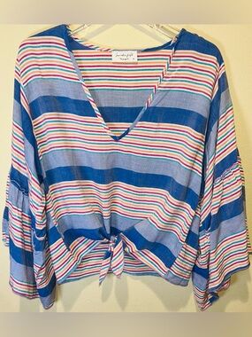 Lavender Field M Boho Striped Tie Front Top V-Neck Bell Sleeve hippie chic top